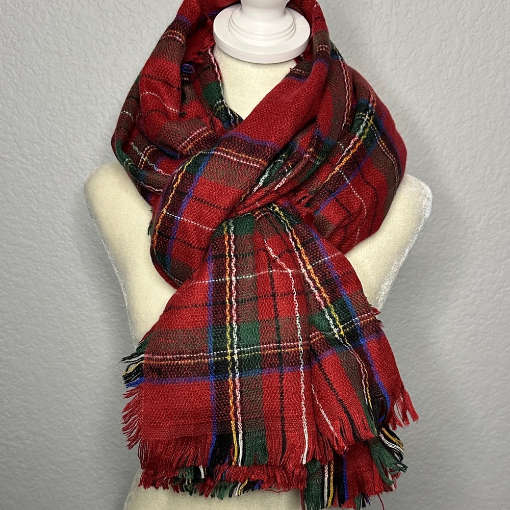 Red Plaid Tartan Fraas Blanket Scarf 78”x39” Winter